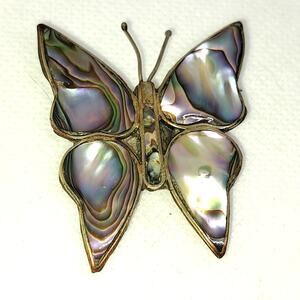 Vintage inlay abalone shell  butterfly brooch stamped Alpaca Mexico setting
